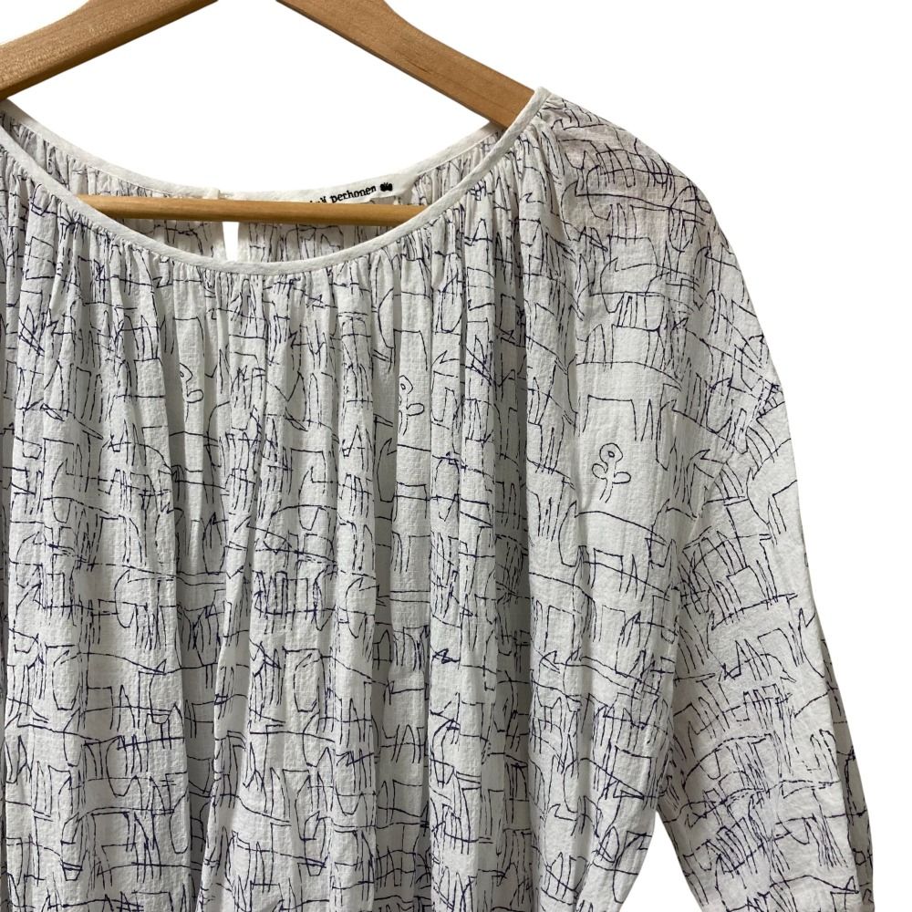 mina perhonen ミナペルホネン treasure ギャザー 長袖 ひざ丈 ワンピース 38 ネイビー×ホワイト レディース 古着