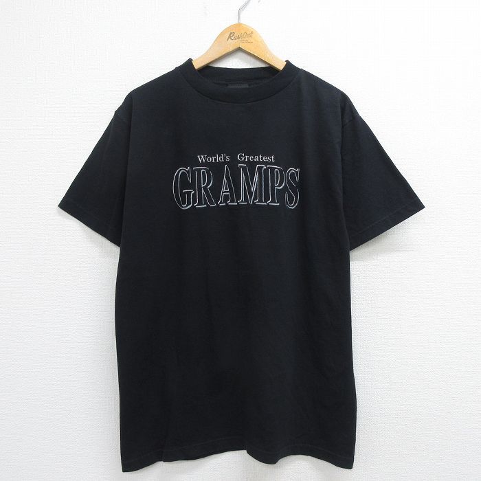 L/古着 半袖 ビンテージ Tシャツ メンズ 90s GRAMPS 刺繍 コットン クルーネック 黒 ブラック 23aug28 中古