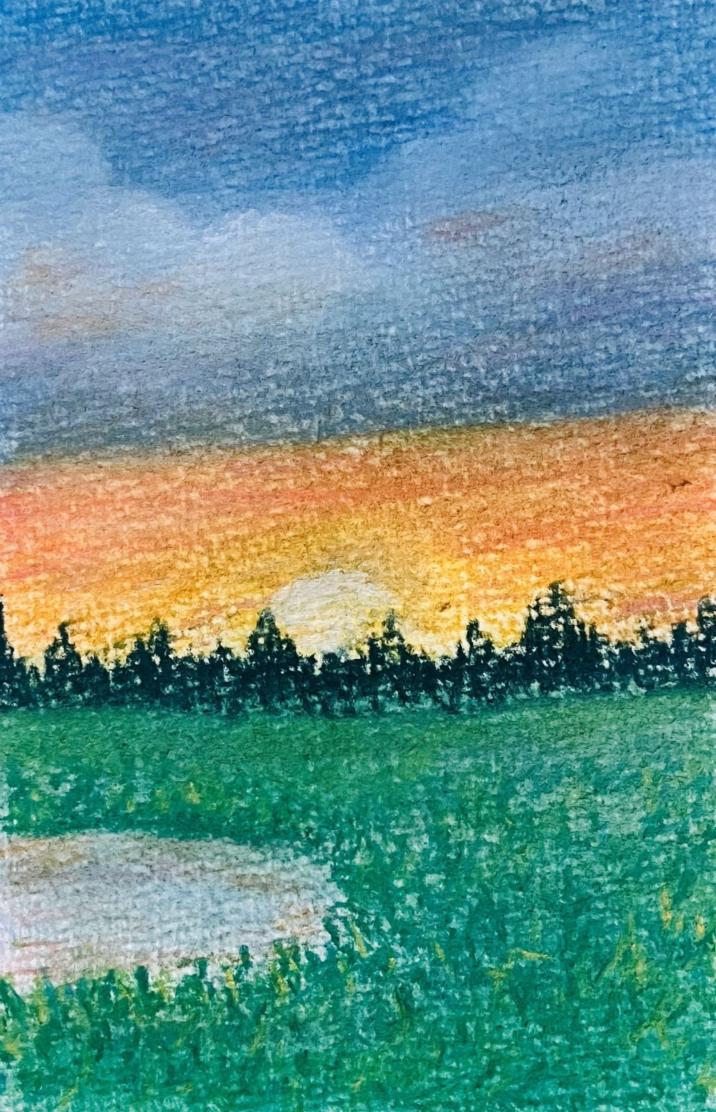 パステル画 「夕日の沈む草原」／オリジナルアート - メルカリ
