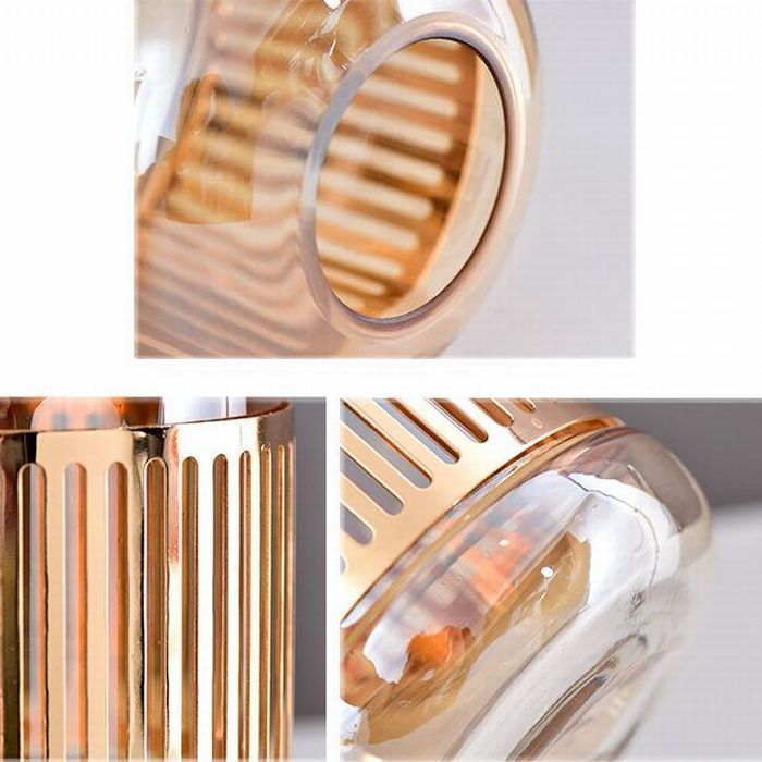 【訳あり】フラワーベース 円柱形 クリアガラス ゴールドのストライプ透かしデザイン (琥珀色×Sサイズ)