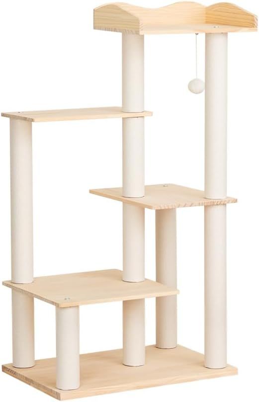 PETTIFUL キャットタワー 木登り 木製 スリム 大型猫 木登り 据え置き 天然木 おしゃれ 多頭飼い キャットツリー シニア 高さ112cm 面取り加工 猫タワー キャットウォーク 中型 シンプル 天然木材 隠れ家 爪とぎ 安定 ねこ 運動不足解消