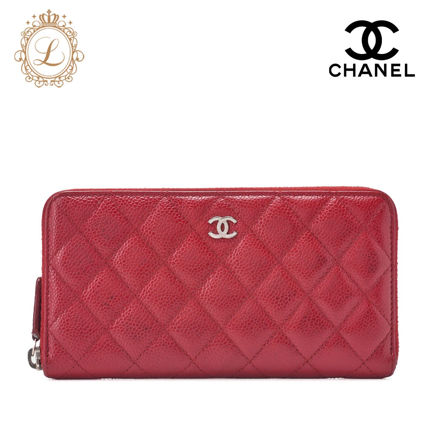 CHANEL シャネル マトラッセ ラウンド長財布 キャビアスキン 赤 シルバー金具 レディースウォレット 財布
