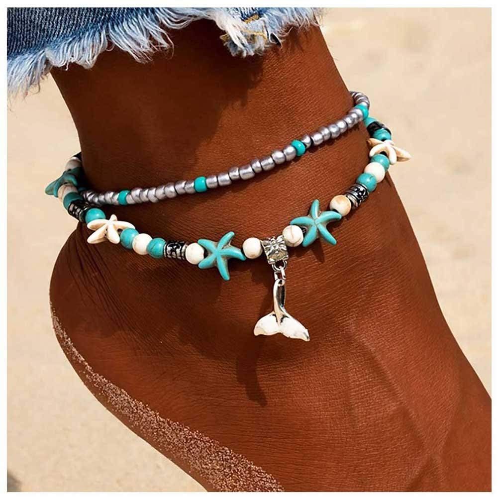 足首のブレスレット 青と白の多層グラマービーチ砂手作りアンクレット足女性らしい女の子の贈り物