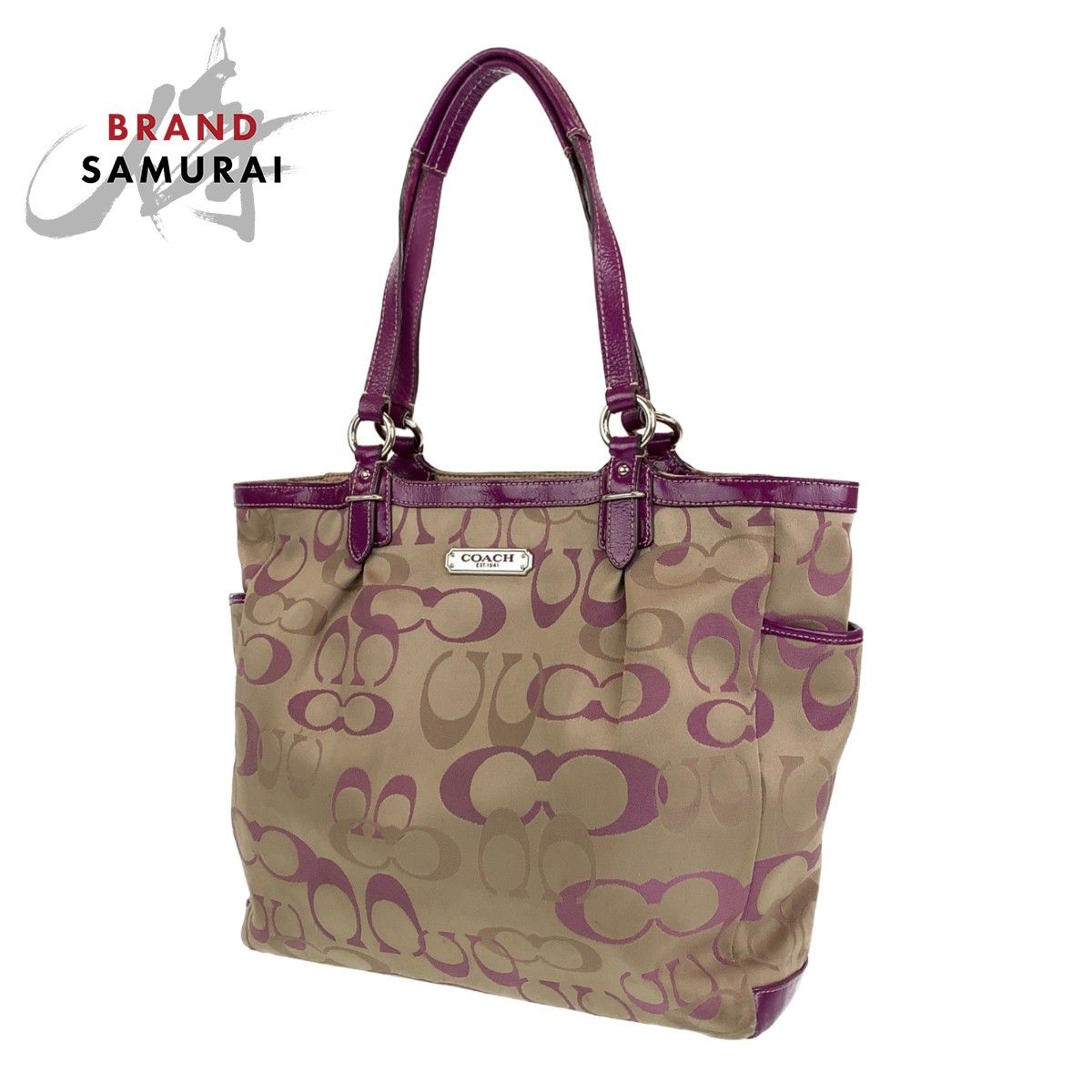 COACH コーチ シグネチャー ベージュ パープル 紫 シルバー金具 レザー 
