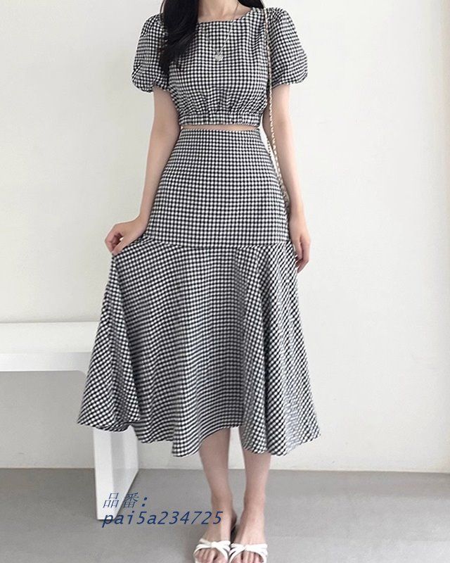 セットアップ レディース ロングスカート トップス 2点セット ギンガムチェック ミモレ丈 リゾートファッション トップス 半袖 スカート ショート丈 pai5a234725
