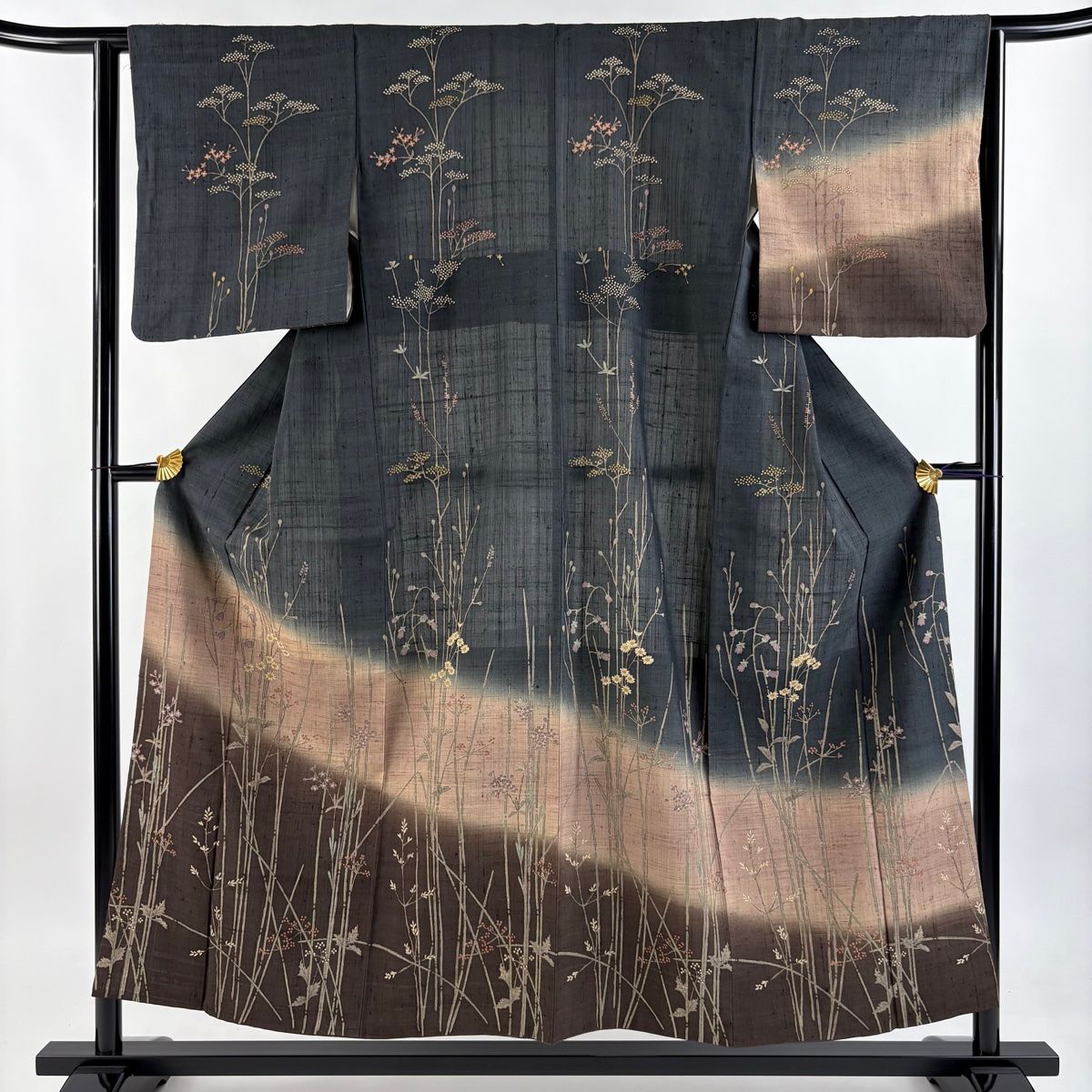 訪問着 身丈153.5cm 裄丈62.5cm S 袷 紬地 草花 木賊 染め分け ぼかし 深緑 正絹 名品