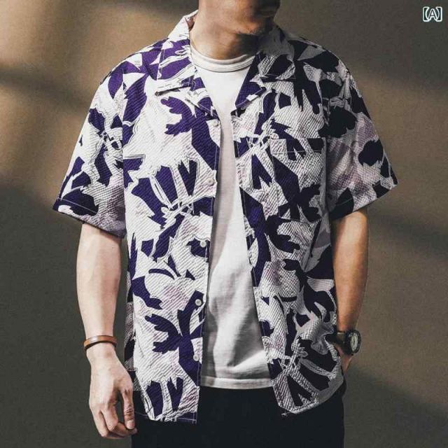 XL 秋冬 コーデ メンズ 服 シンプル ファッション オシャレ 大人 かっこいい 大きいサイズ ストリート 紳士服 ハイエンド アメリカン レトロ ボタン ネック 花柄 シャツ シア サッカー ハワイアン ビーチ バカンス バケーション 半袖 カジュア