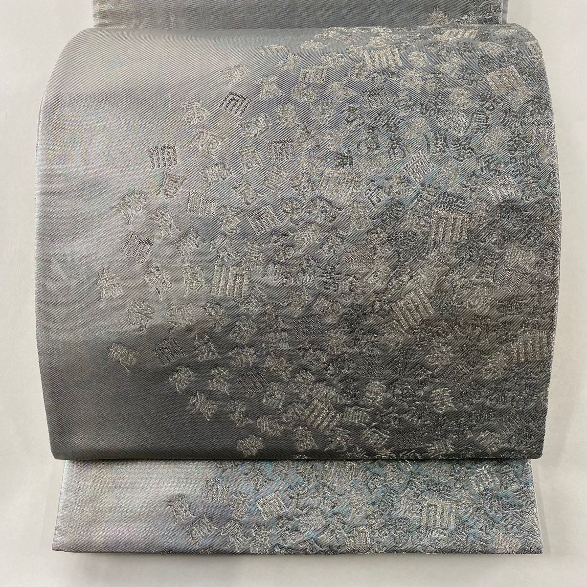 袋帯 美品 秀品 松尾光琳 落款 吉祥百寿香文様 銀糸 箔 青灰色 お太鼓 