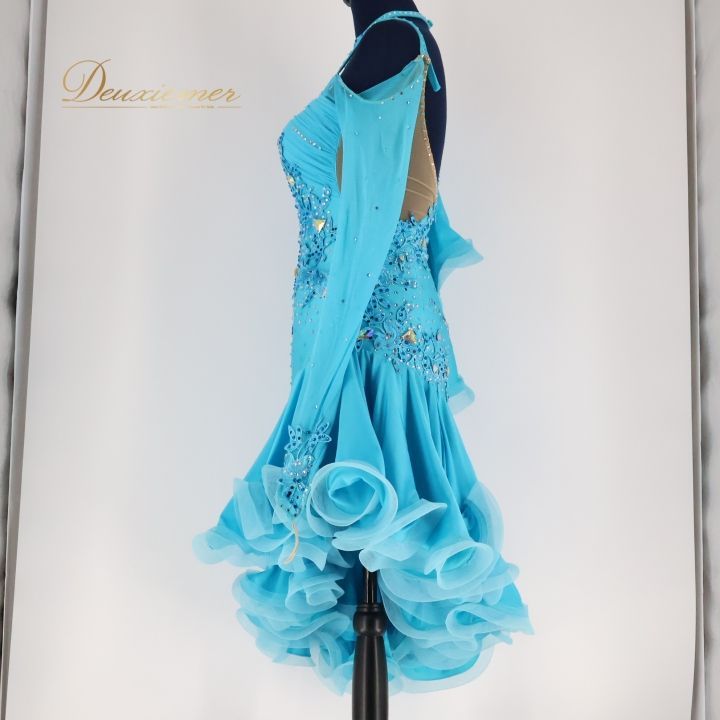 【日本未発売】 社交ダンス 衣装 ラテン ドレス ワンピース 水色 フリル レース デモ 競技 M ブルー系 パーティ 発表会 スカート おしゃれ 大きなフリル 競技用 コスチューム ダンス服 サイズM ラテンダンス