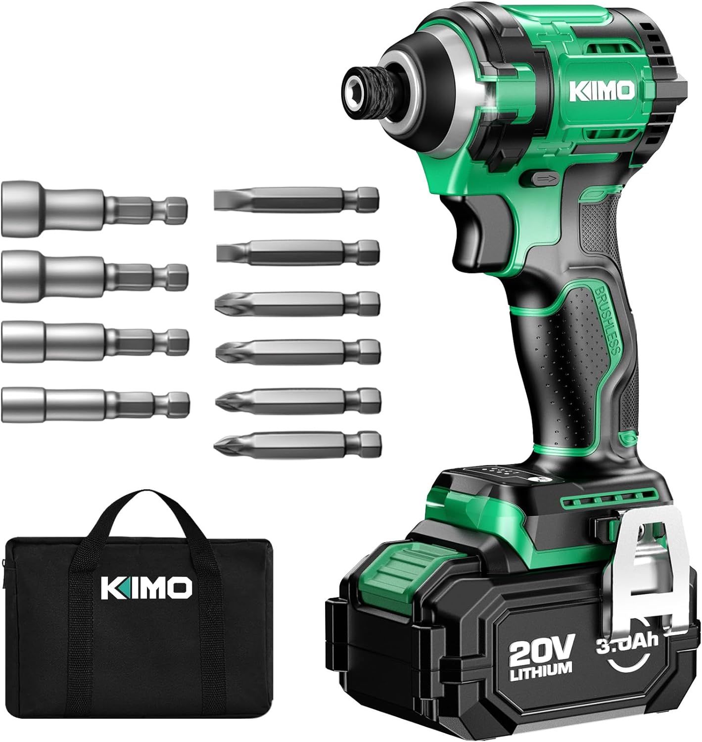 KIMO インパクトドライバー セット ビット6本 ソケット4本 20V 3.0Ahバッテリー 200N·m 3600ｒ/min高回転 4モード 3800回/min強力な打撃 電動インパクトドライバー 無段変速・正逆転両用 LEDライト付き 