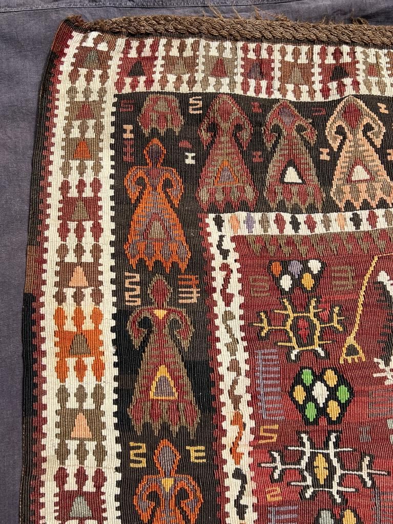 ヴィンテージ ラグ カーペット キリム 244x105cm 絨毯 赤系 茶色 南米 インカ ペルシャ絨毯 手織り 細長い 長方形 ウール 羊 ビンテージラグ 幾何学 ビンテージ ワンルーム バルーチ トルクメン トライバル ラグ