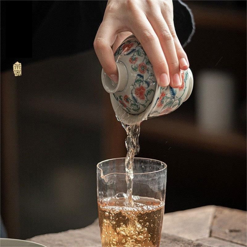 蓋碗 中国茶器 シングルハンドメイドセラミックレリーフリッド