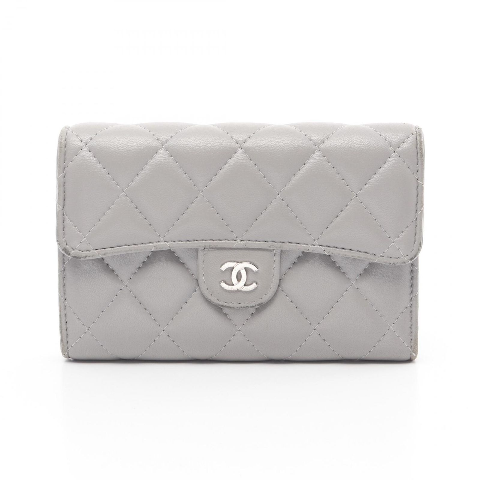 シャネル CHANEL 三つ折り財布 マトラッセ AP0232 グレー ラムスキン 羊革 マトラッセ クラシック フラップウォレット ミディアム レディース Used B