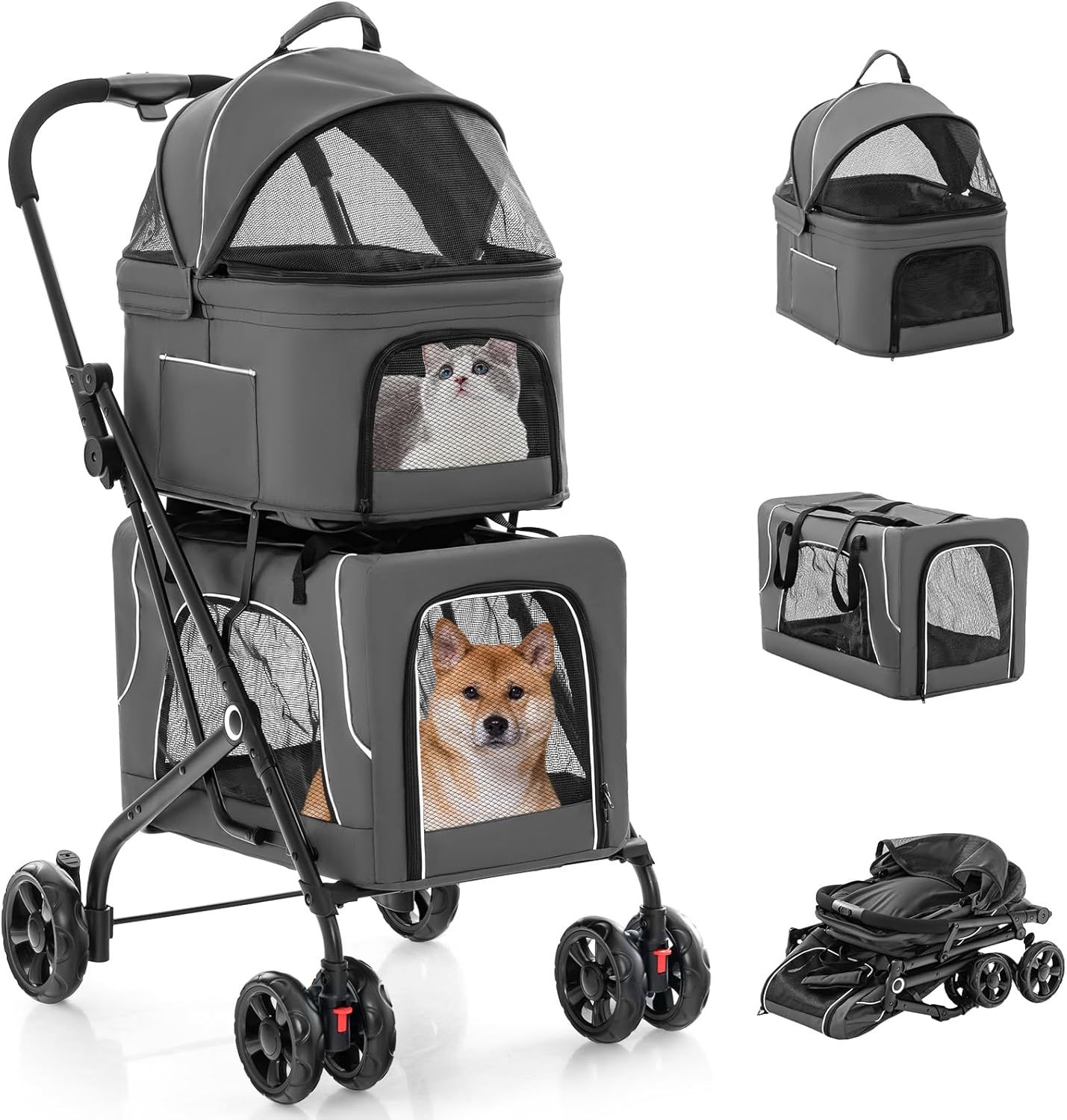 Giantex ペットカート 分離型 折りたたみ式 3-in-1 耐荷重上段15KG 下段15KG 多頭 犬用 猫用 犬用キャリー 犬 バギー ブレーキ付き マット付き キャノピー付き サイドポケット付き 2段式の上下段セ