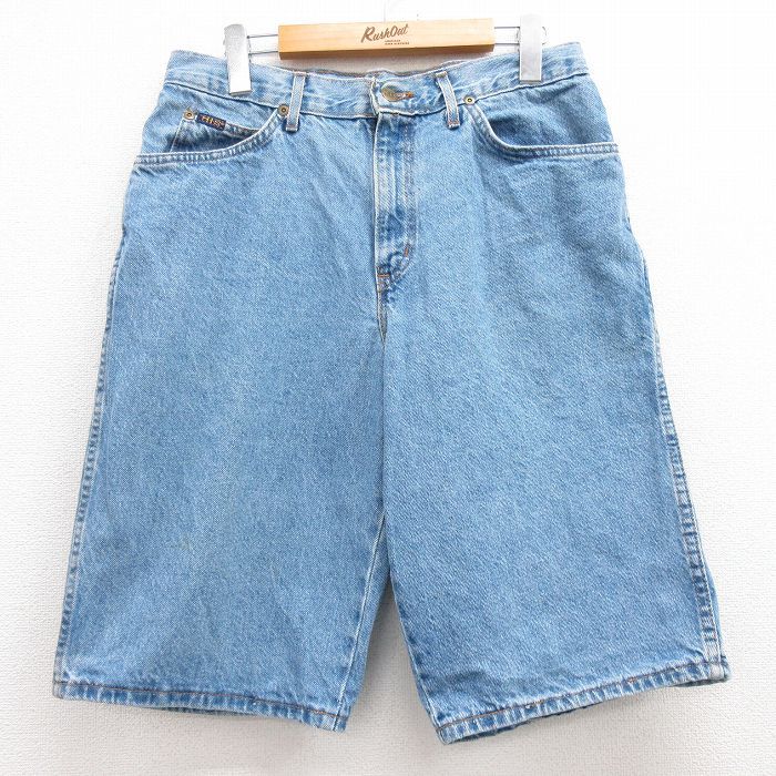 W31/古着 H.I.S ハーフ パンツ ショーツ メンズ 90s コットン 紺 ネイビー デニム 23apr08 中古 ボトムス 短パン ショーパン ショート