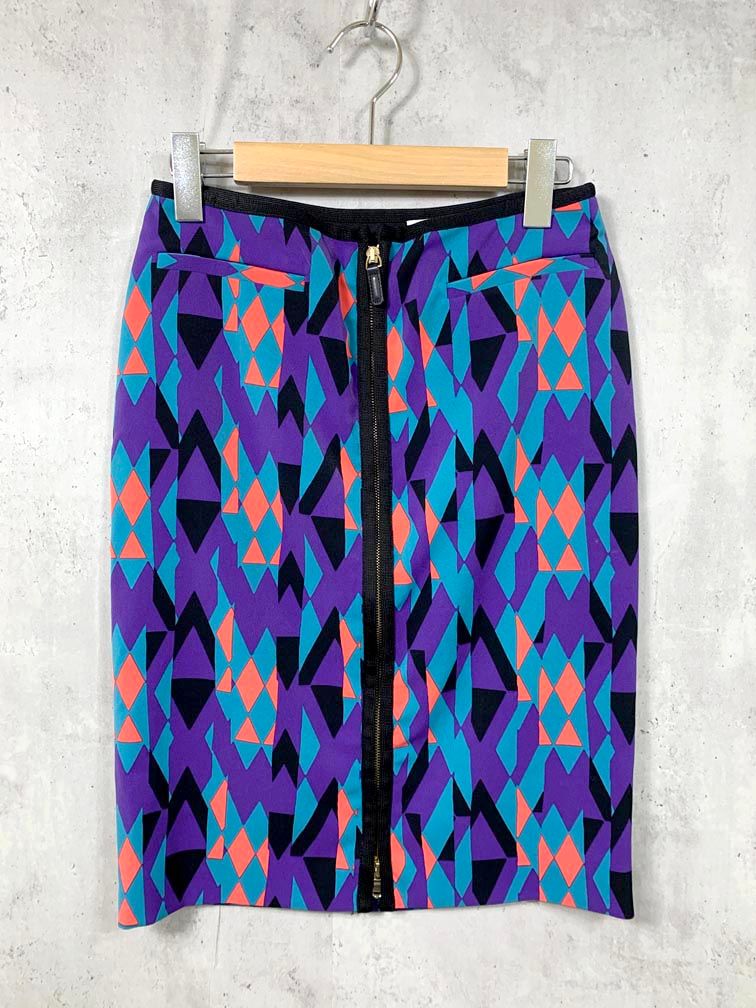 MISSONI ミッソーニ イタリア製 フロントジップ 総柄 幾何学 タイト スカート size38|ブルー系 レディース