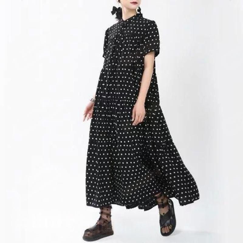 ワンピース ドット ロング 夏 ドット ワンピース 水玉 ドット柄ワンピース シャツ フ ワンピース ティアード ゆったり 体型カバー 半袖 水玉 おしゃれ カジュ