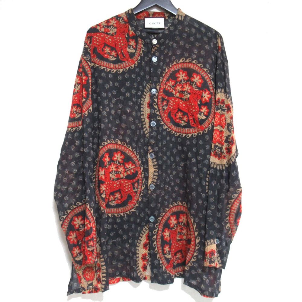 GUCCI グッチ 総柄 バンド オーバーサイズ シアーシャツ 401316 Z3932 54サイズ ネイビー レッド メンズ 古着