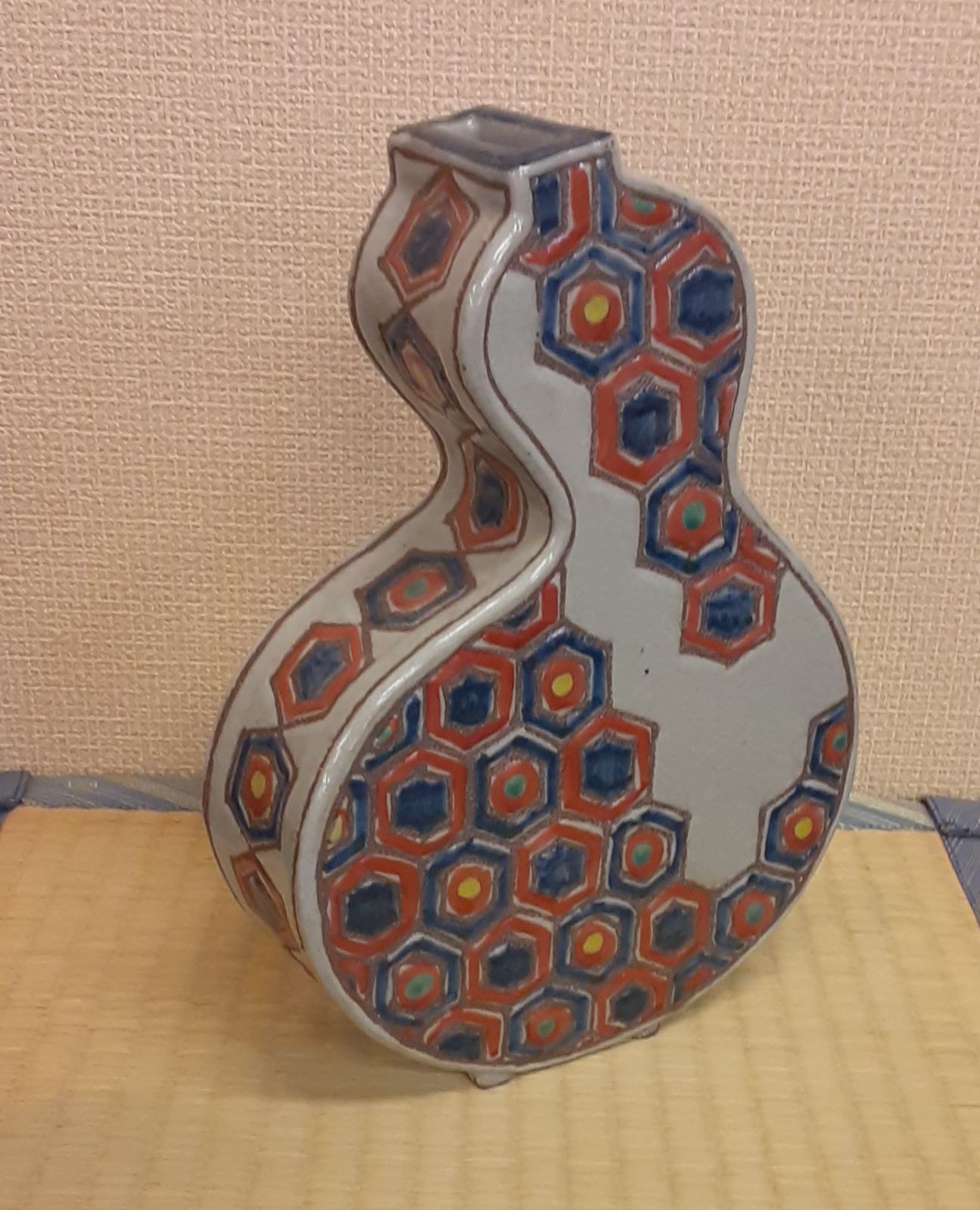 京都清水焼 黒田赫三郎作 ひさご型花入れ亀甲柄 花瓶 花器 フラワーベース