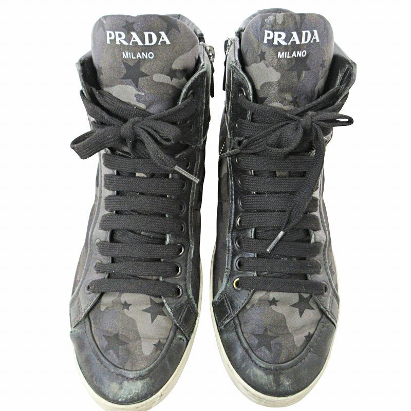 プラダ PRADA スニーカー 迷彩 カモフラ柄 ハイカット レザー 38