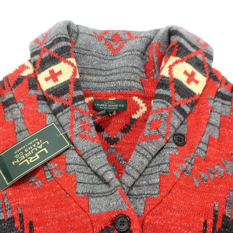 RALPH LAUREN ラルフローレン　カーディガン　総柄　ネイティブ柄　XS LAUREN Ralph Lauren ネイティブ柄 ショールカラーニット