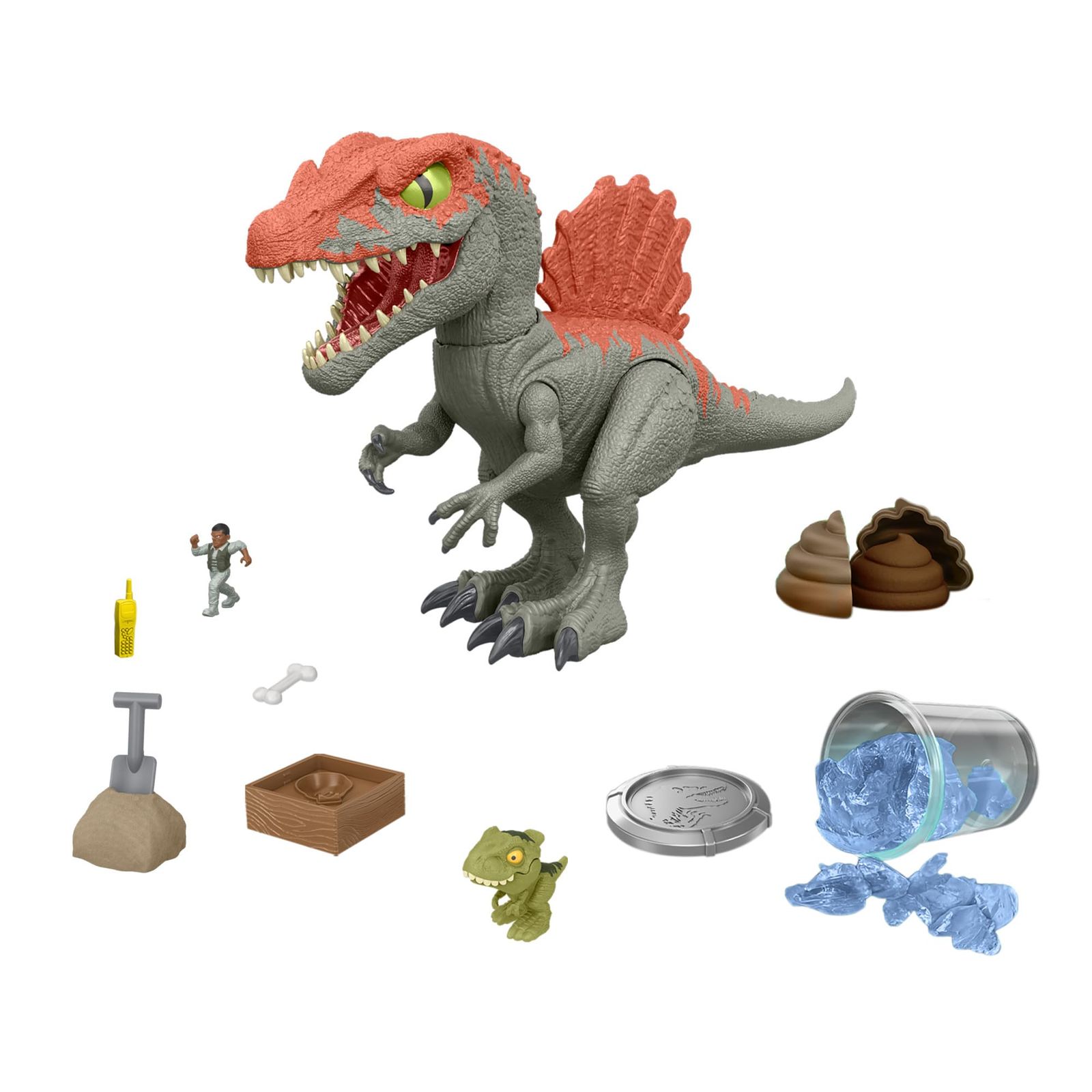 Mattel Jurassic World Crushivores ミニ恐竜フィギュア-アクセサリー ケージクラッシャースピノサウルス 箱を開けるおもちゃ 砂 ゲル 生地などのサプライズ付き
