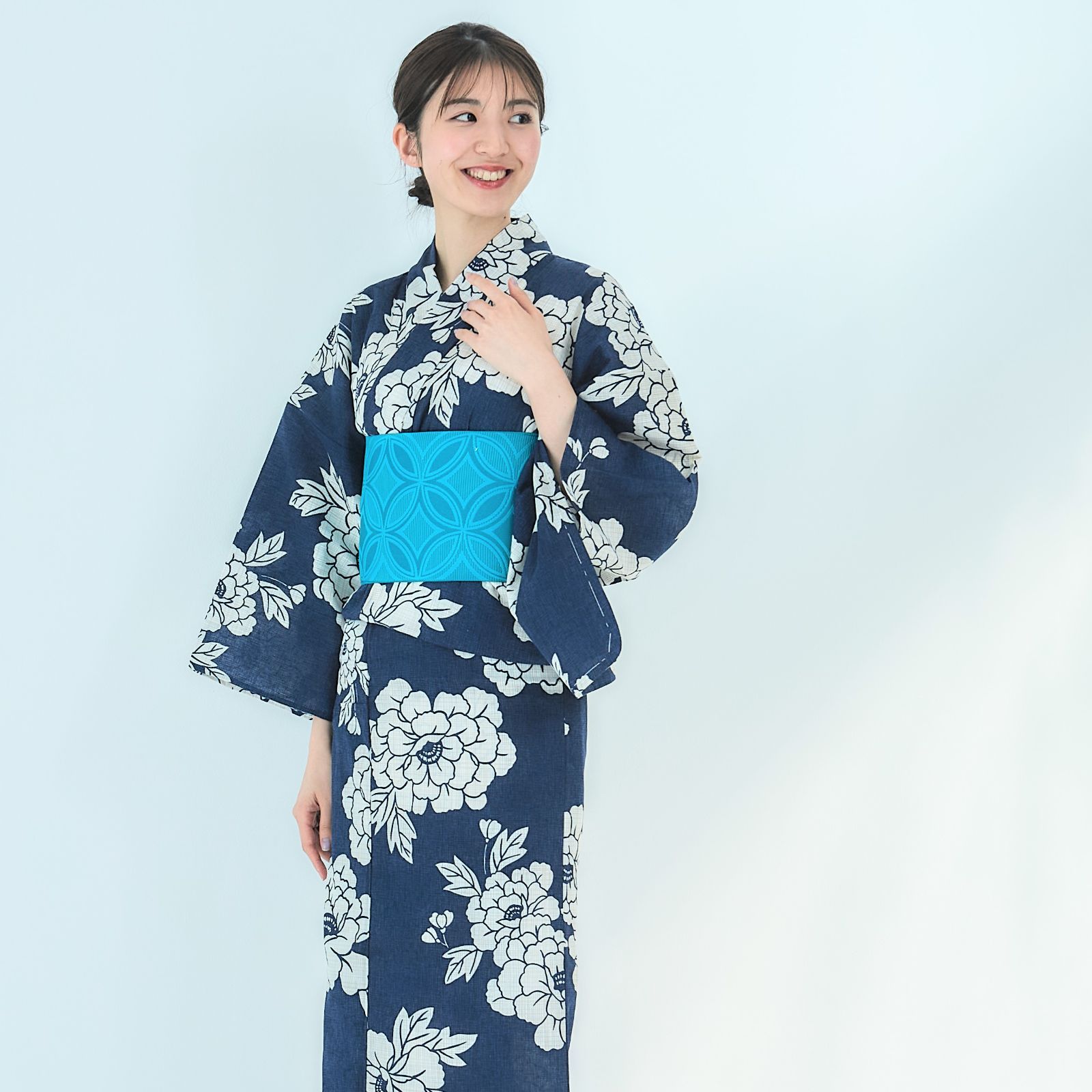 2024最新のスタイル 紺 単品 綿麻】浴衣 ネイビー レディース フリーサイズ 牡丹 着物・浴衣