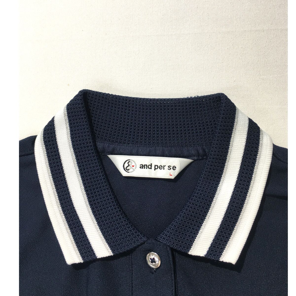 coco 中古 アンパスィ and per se レディース 半袖ポロシャツ M 紺×白 ストライプ 窓柄 中古 レディース アンパスィ and per se 半袖ポロシャツ L 紺