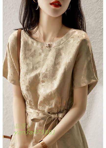 プリントワンピース 浮き柄 フレンチスリーブ ウエストゴム リボン 大きいサイズ有り Sから2L 通勤通学20代30代40代50代60代 yan5a475861