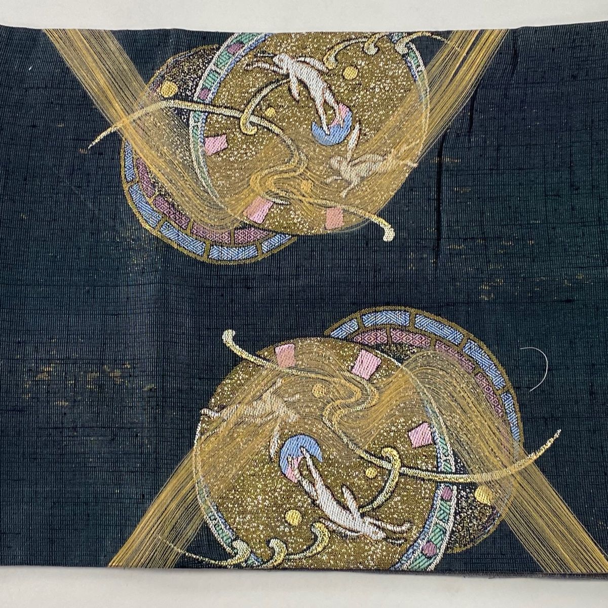 正絹 袋帯 ウサギと波模様 六通柄 袋帯 逸品 うさぎ 波 金銀糸 箔 青緑