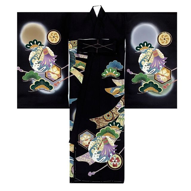 お宮参り 男の子 着物 正絹 初着 産着「黒地、鷹と束ね熨斗」