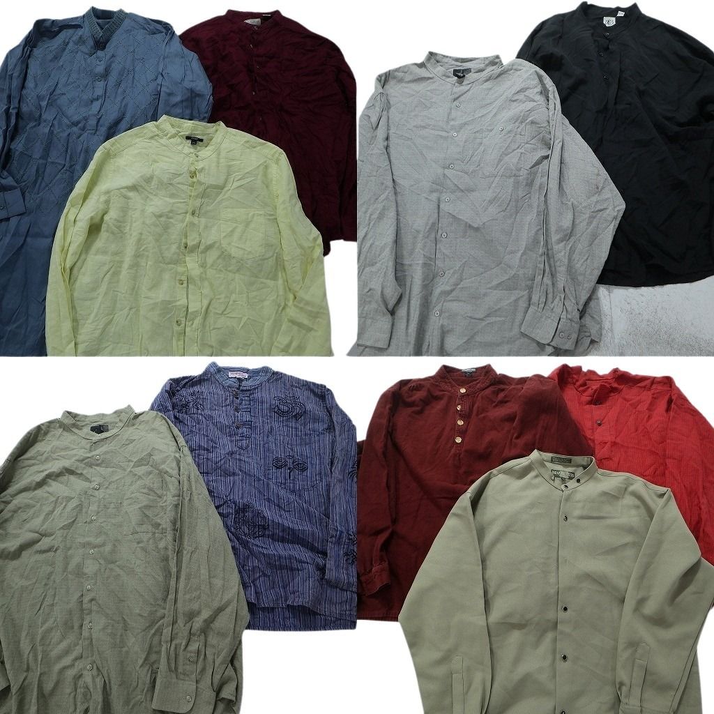 古着卸 まとめ売り  スタンドカラー・ノーカラーMIX   長袖シャツ 10枚セット (メンズ 2XL /3XL /4XL ) ビッグサイズ  ストライプ MU9776