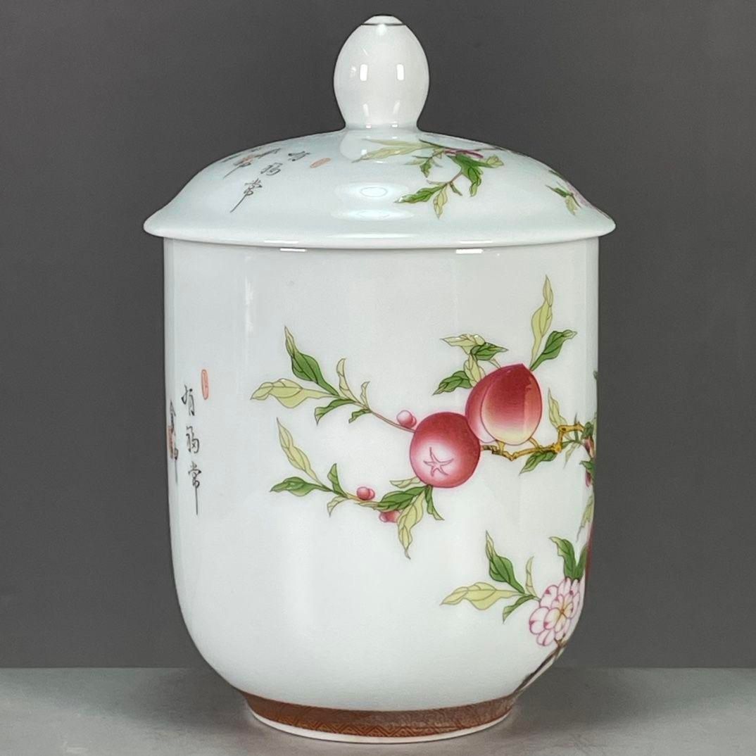 粉彩寿桃紋茶杯 茶道具 中国茶器 景徳鎮　蓋付 茶器 飲茶食器 現代工芸品 粉彩寿桃紋茶杯 茶道具 中国茶器 景徳鎮 蓋付 茶器 飲茶食器