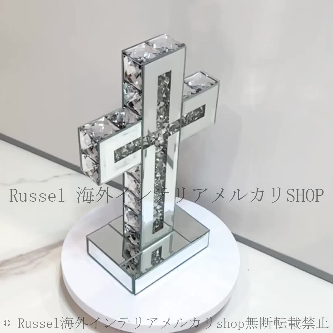 クリスタル クロス オブジェ 置物 ガラス ミラー 鏡 卓上 十字架