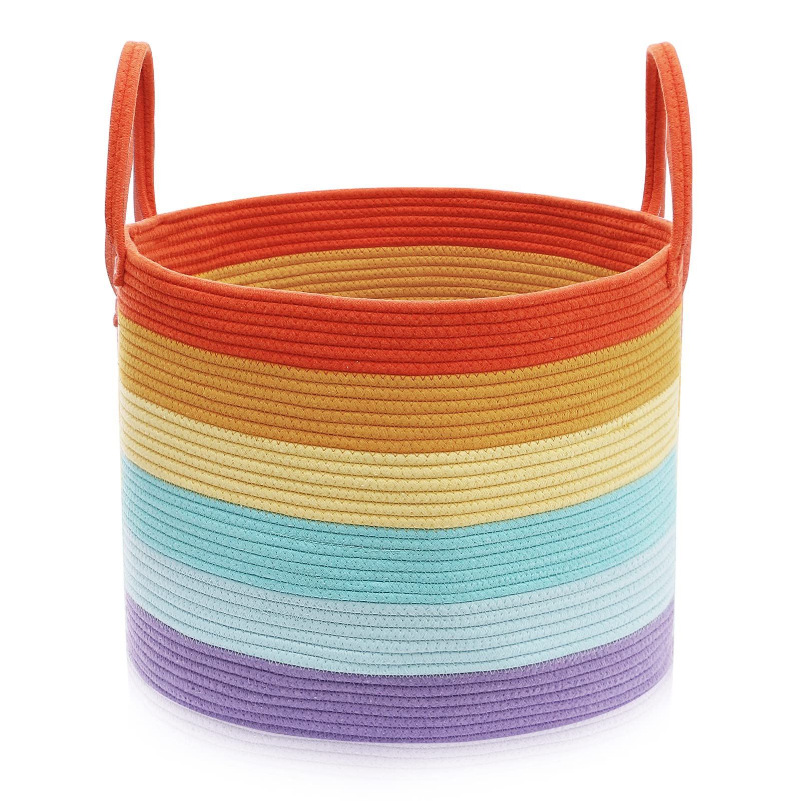 【人気商品】キッズ 服 直径46*高さ38㎝ 赤ちゃん部屋 ランドリーバスケット 子供のおもちゃ 虹の洗濯かご ストレージ 大容量63L 織り バスケット ロープ ハンドル付き コットン ホーム 大型収納バスケット オーガナイザーボックス YOSTORYA