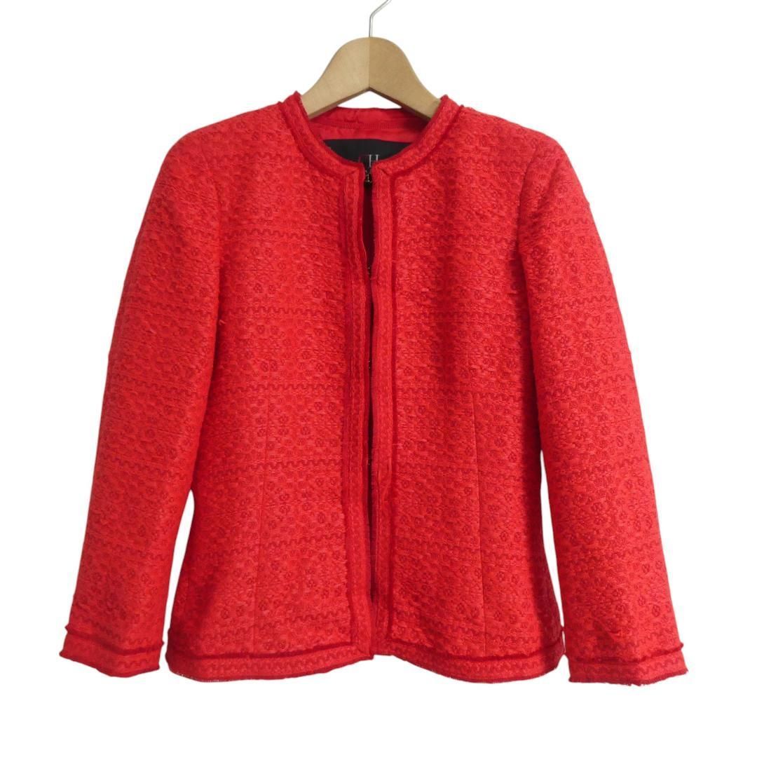 美品 CAROLINA HERRERA キャロライナヘレラ ノーカラージャケット ツイード ホック式 シングル レッド サイズ0 レディース