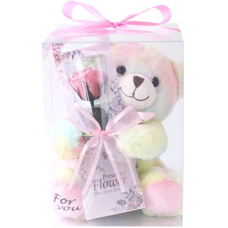 プリザーブドフラワー プリザードフラワー クリアケースL 付き 虹色クマさんと一輪の薔薇 ピンク プレゼント お祝い 記念日 誕生日 アレンジ リボン付き アレンジ フラワーギフト フラワーアレンジメント 枯れないバラ 花 女性 くま 母の日 プレゼント 0