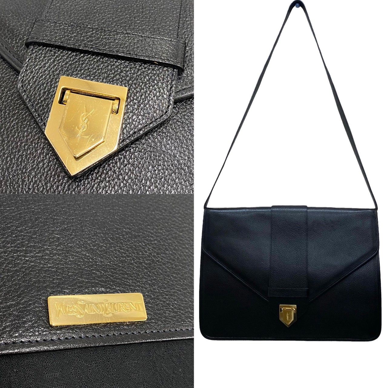 ほぼ未使用 YVES SAINT LAURENT イヴサンローラン YSL ロゴ 金具 レザー 2way クラッチバッグ ショルダーバッグ ブラック  18859