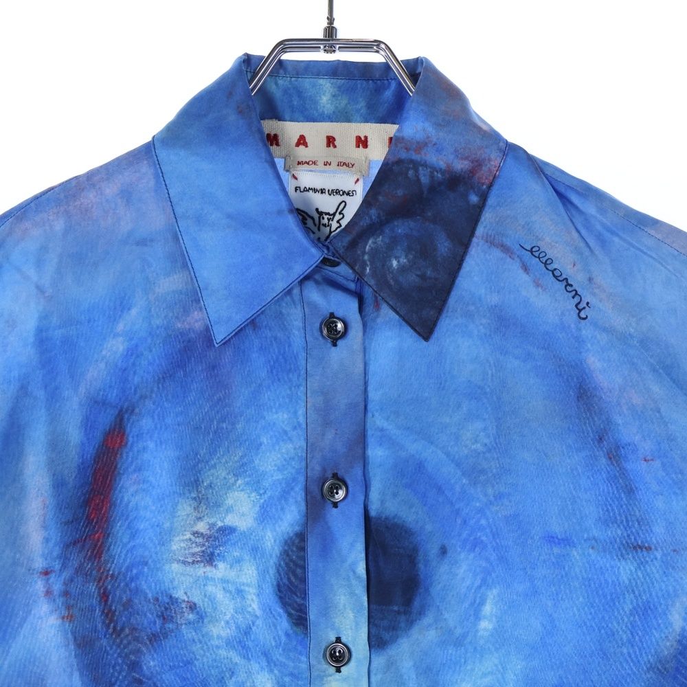 MARNI (マルニ) 23SS マーブル総柄 ハーフボタン シルク半袖シャツ  