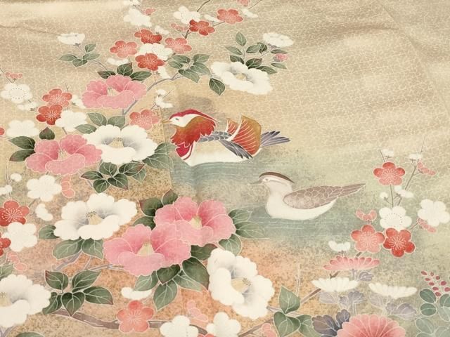 訪問着 螺鈿 鴛鴦に花模様 暈し 深川鼠色 縮緬 金彩 K-4609 訪問着 螺鈿 鴛鴦に花模様 暈し 深川鼠色 縮緬 金彩 K-4609