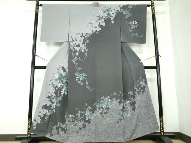 平和屋着物●訪問着　手描き　蔦の葉花文　シルエット　銀彩　正絹　逸品　未使用　DAAQ3229ps 平和屋着物○訪問着 手描き 蔦の葉花文 シルエット 銀彩 正絹 逸品 未