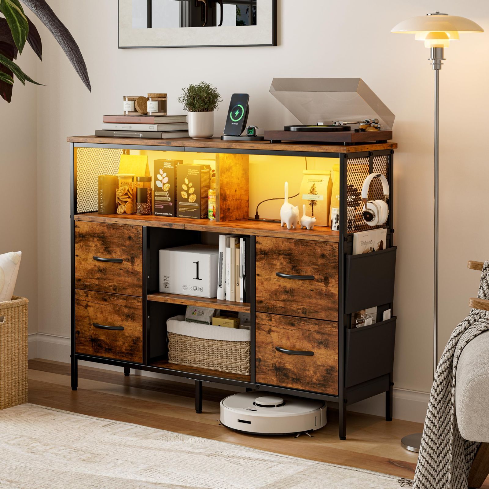 チェスト収納 タンス 棚付き 箪笥リビング収納チェスト LEDライト