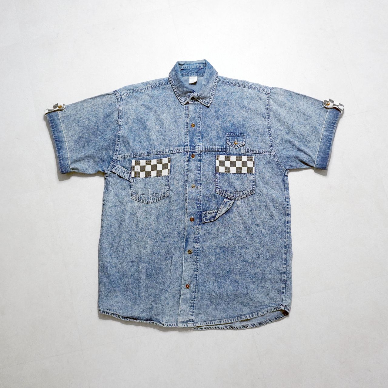 ケミカルデニムシャツ チェッカーパッチ ドイツ製 ボックスシルエット S|S Shirt Size40 デニム