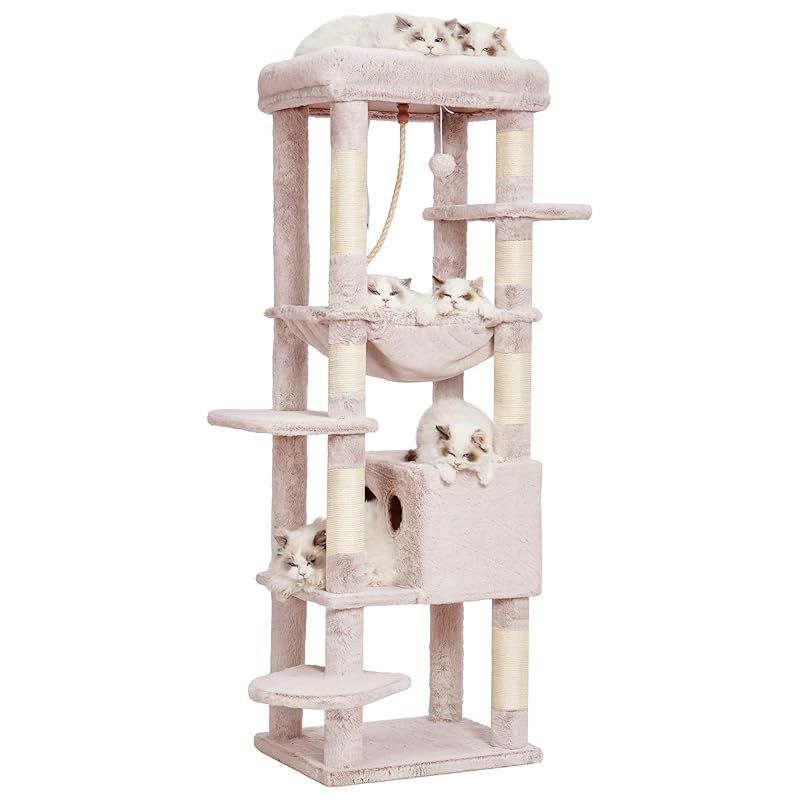 Heybly キャットタワー 大型猫用 多頭飼い 超スリム 省スペース 登りやすい ハンモック キャットハウス 大型見晴らし台 麻紐 爪研ぎ棒 高さ153cm ライトブラウン HCT050MU