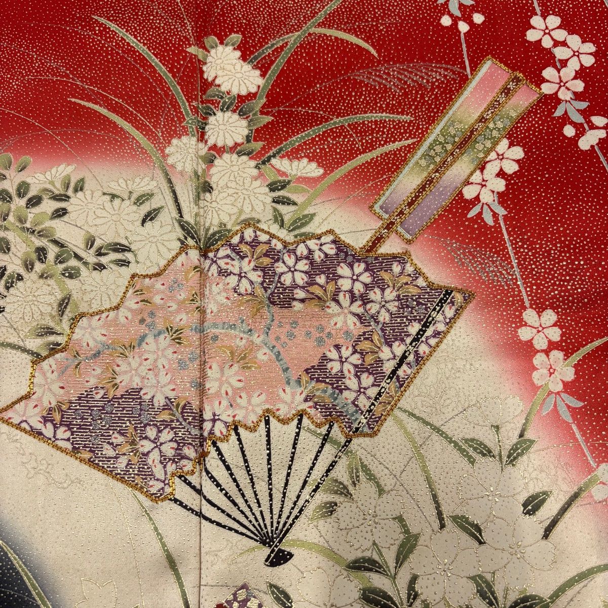 振袖 身丈167cm 裄丈65cm M 袷 扇 草花 金銀彩 金糸 朱色 正絹