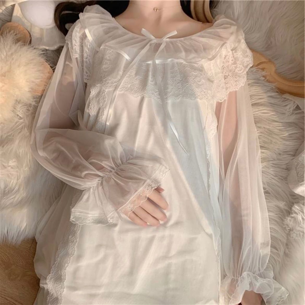 姫系 ネグリジェ 長袖 ワンピース ロング丈 ホワイト シフォン 姫系 ネグリジェ 長袖 ワンピース ロング丈 ホワイト シフォン