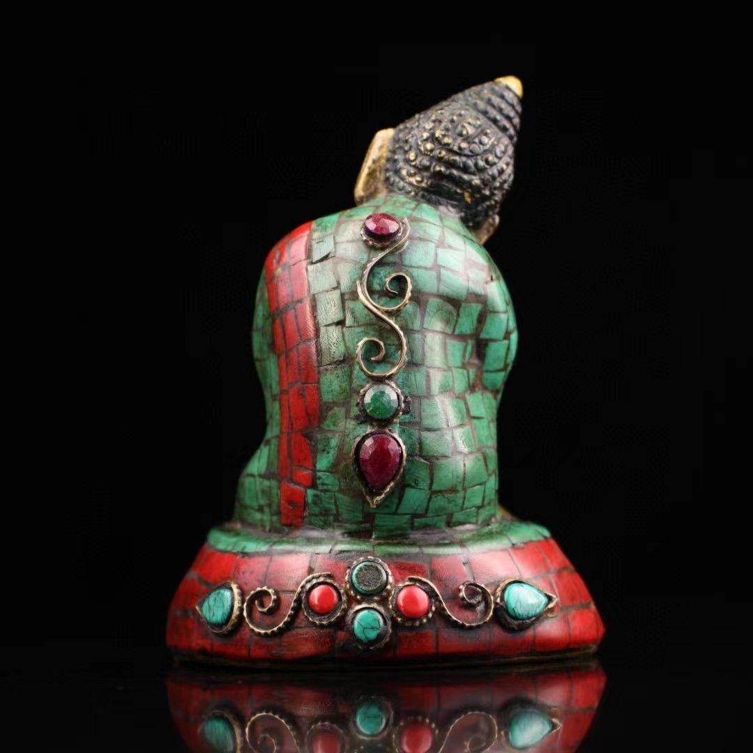 中国古美術・西藏密宗寺廟結縁・ 純銅製嵌宝石・如来仏像