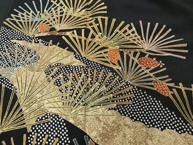平和屋着物□豪華黒留袖 刺繍 若松場文 金彩 正絹 逸品