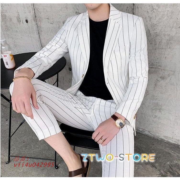 スーツ メンズ スーツセットアップ 上下セット 二点セット 白 結婚式 大人式 就職 紳士服 ストライプ 通勤 卒業式 細身 おしゃれ vii4u042995