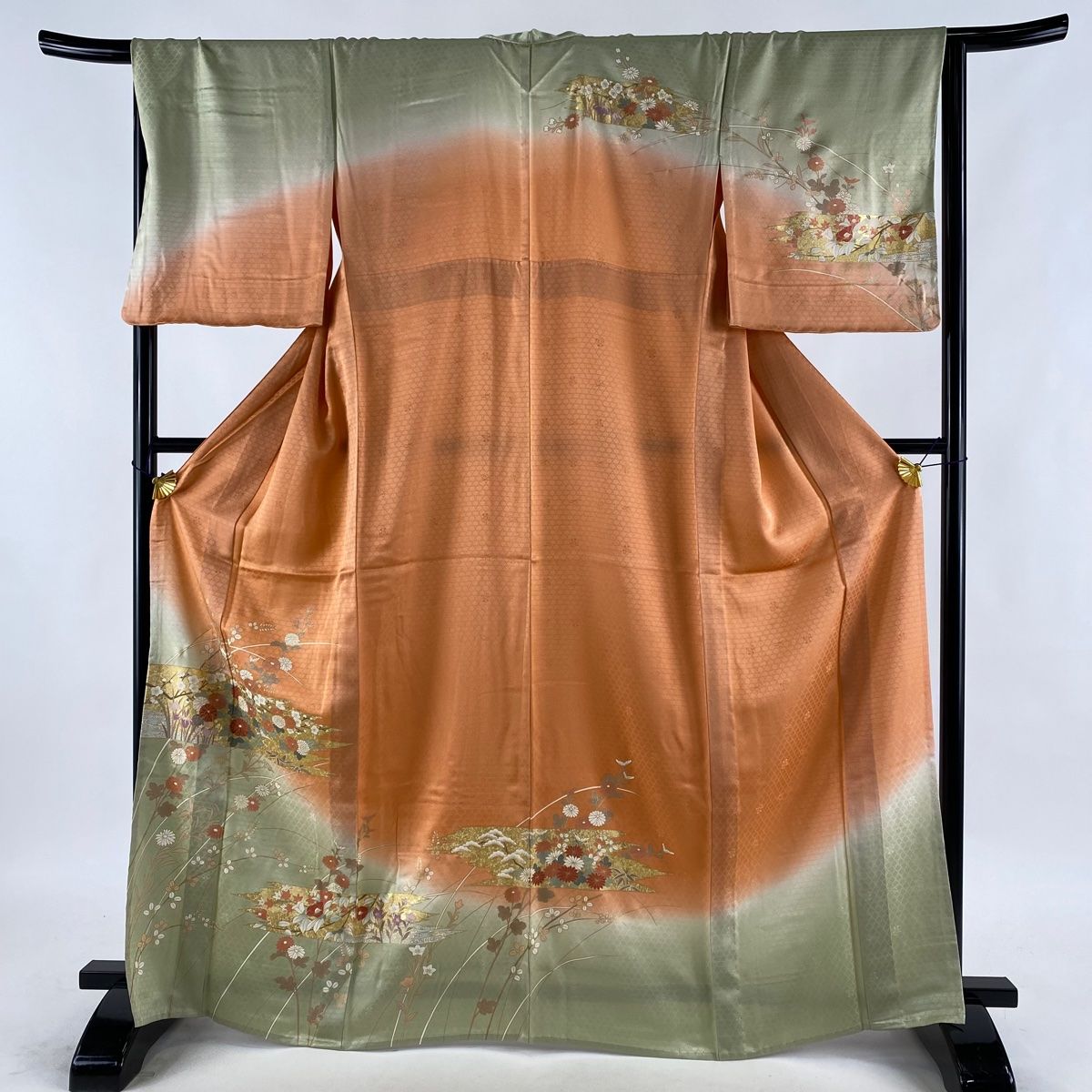 訪問着 美品 秀品 草花 霞 金彩 染め分け オレンジ 単衣 身丈167cm 裄